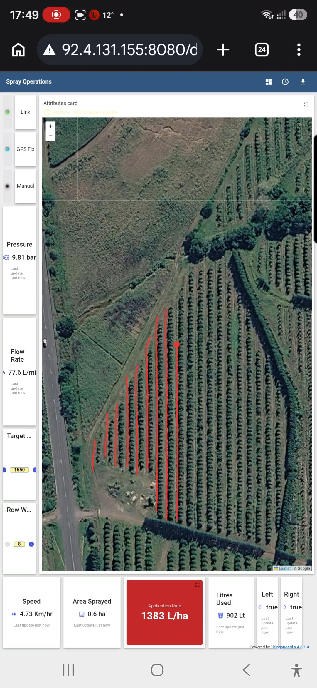 BlueFlé live spray operations dashboard showing orchard coverage and application data